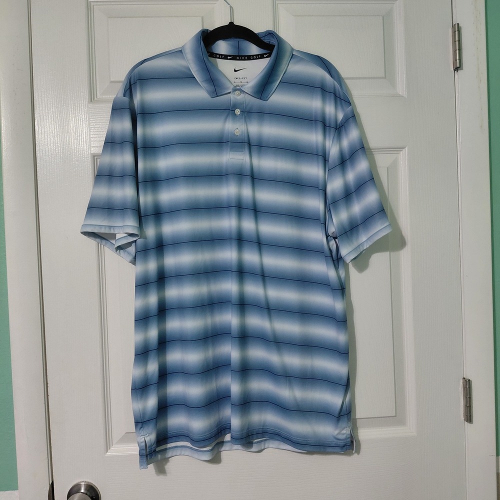 Nike Golf Dri-FIT Polo Shirt Mens XL Blue White Striped IB0218-486 Shield Logo